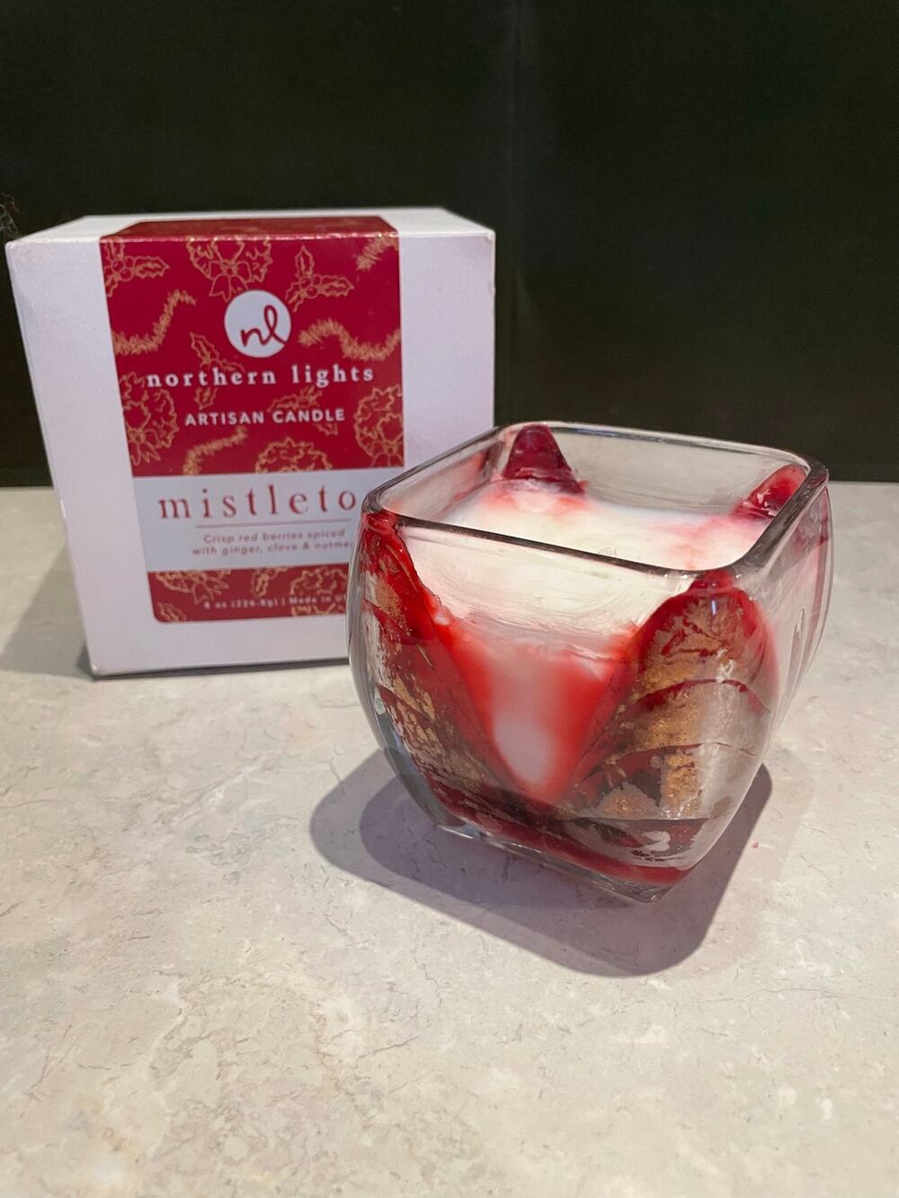 Northern Lights Mistletoe Artisan Candle red/white Cascade 8oz Glass jar
